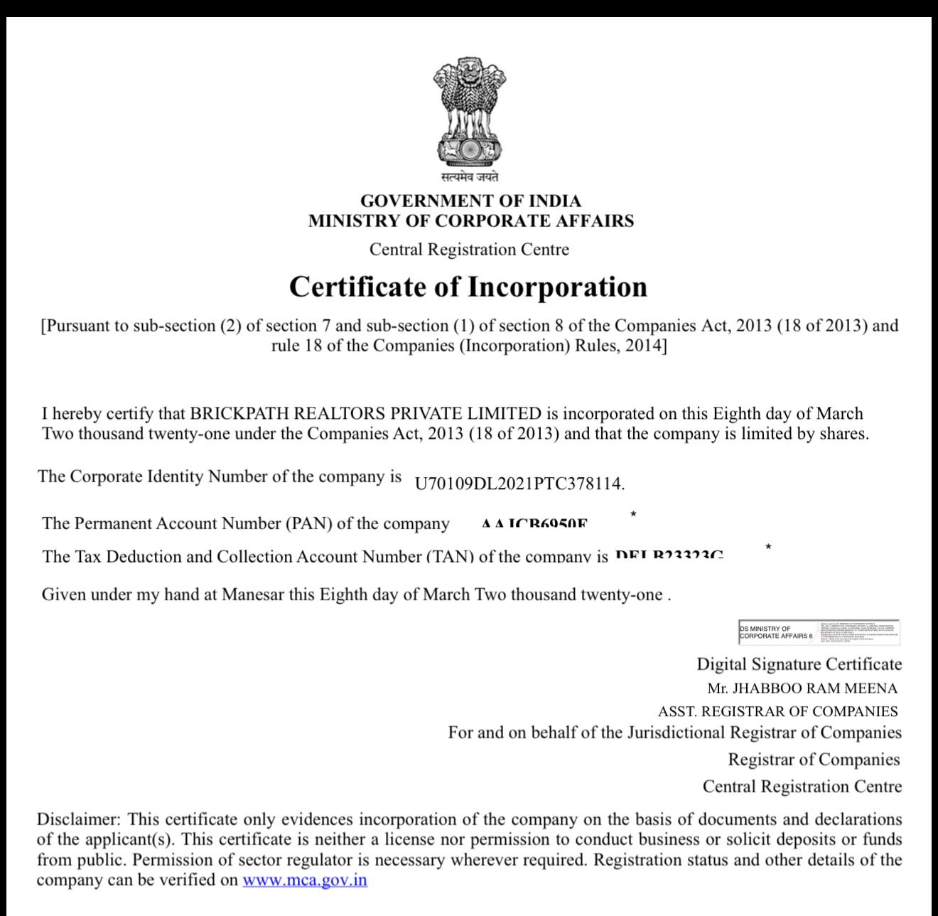 BrickPath Realtors Certificate of Incorporation